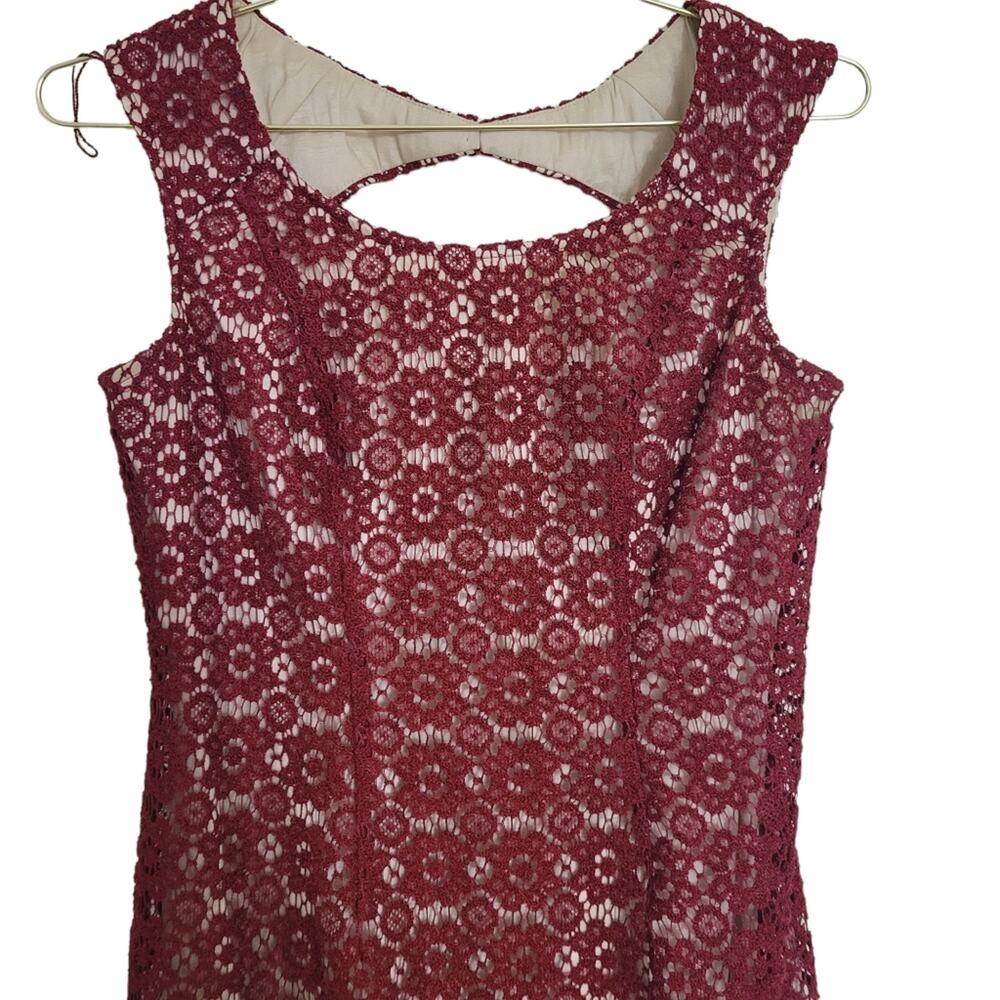 Adrianna Papell Dress Sz 4 Small S Burgundy Sleeveless Lace Overlay Fall Winter - Picture 4 of 7